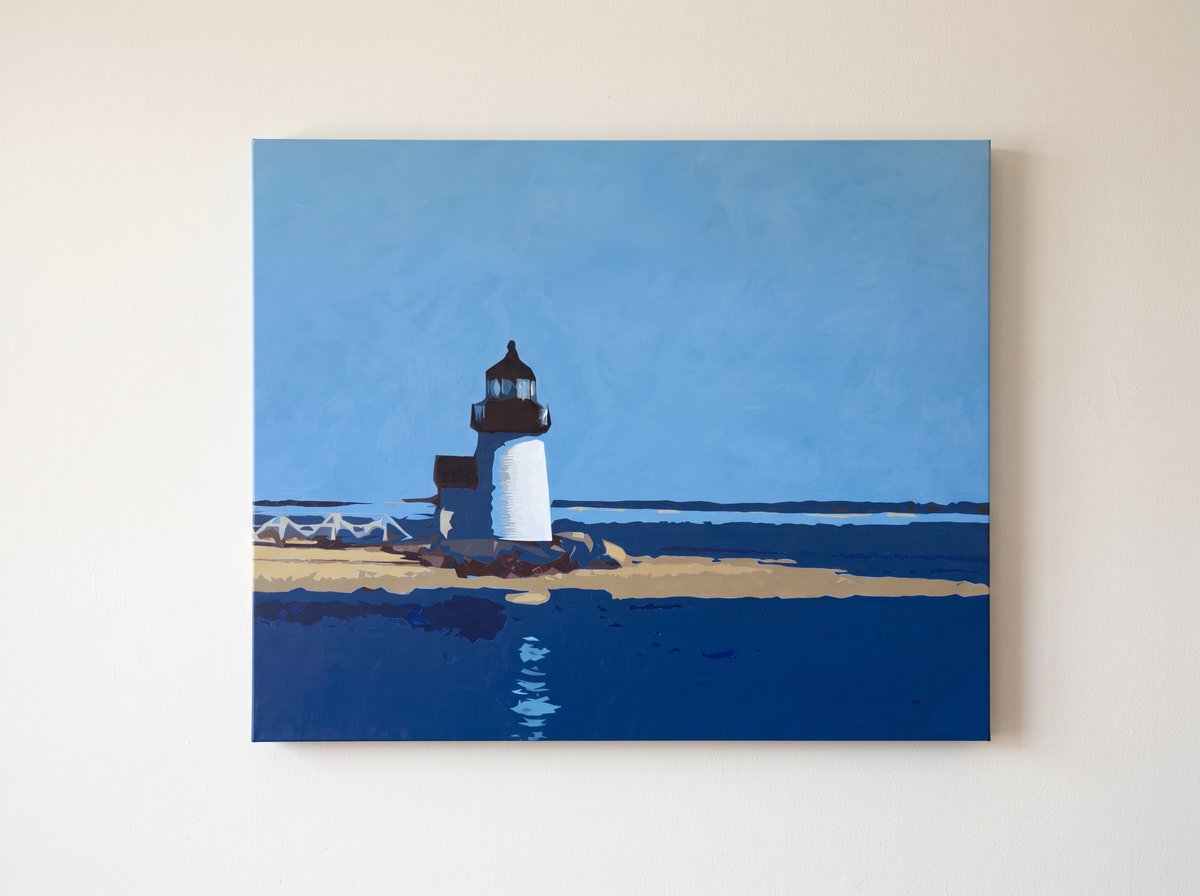 Slack Tide canvas print of Brant Point Light hung unframed on a warm white wall